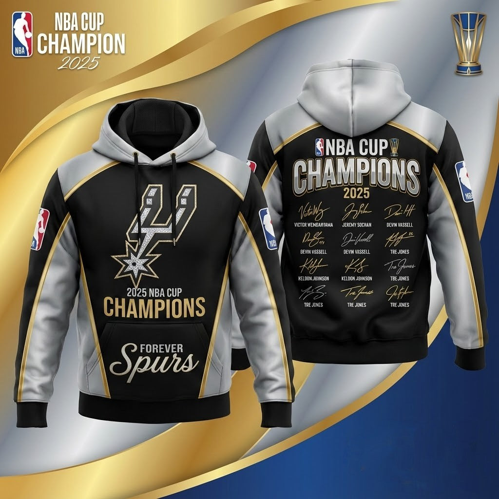 San Antonio Spurs 2025 NBA Cup Champions Hoodie - 3D All Over Print Apparel with Player Signatures - LeagueLockerGear