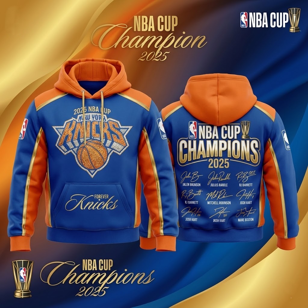 New York Knicks 2025 NBA Cup Champions Hoodie - 3D Graphic Print Sweatshirt with Player Signatures - LeagueLockerGear
