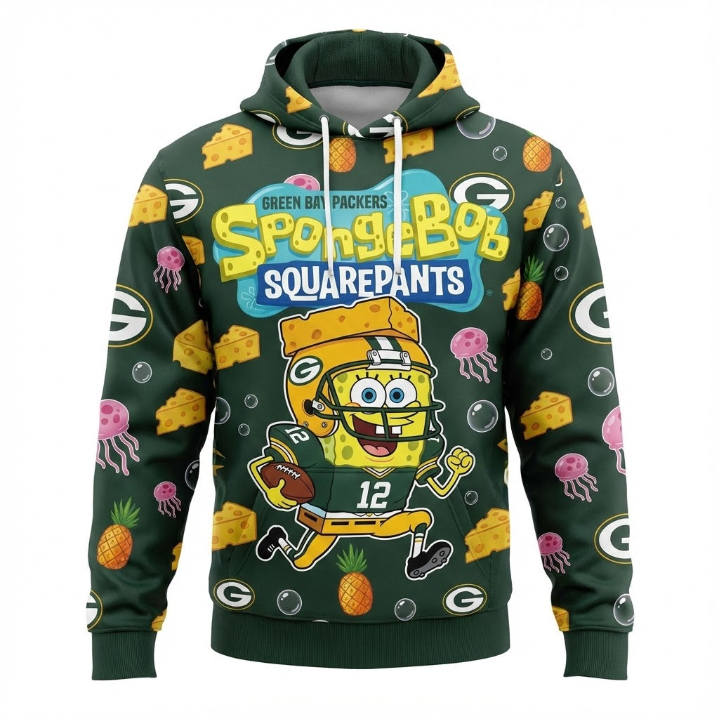 Green Bay Packers SpongeBob Hoodie - 3D All Over Print Cartoon NFL Sweatshirt - LeagueLockerGear