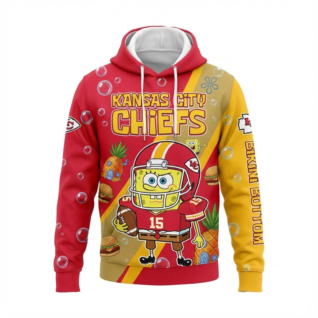 Kansas City Chiefs SpongeBob Hoodie - 3D Cartoon Crossover NFL Fan Gift - LeagueLockerGear