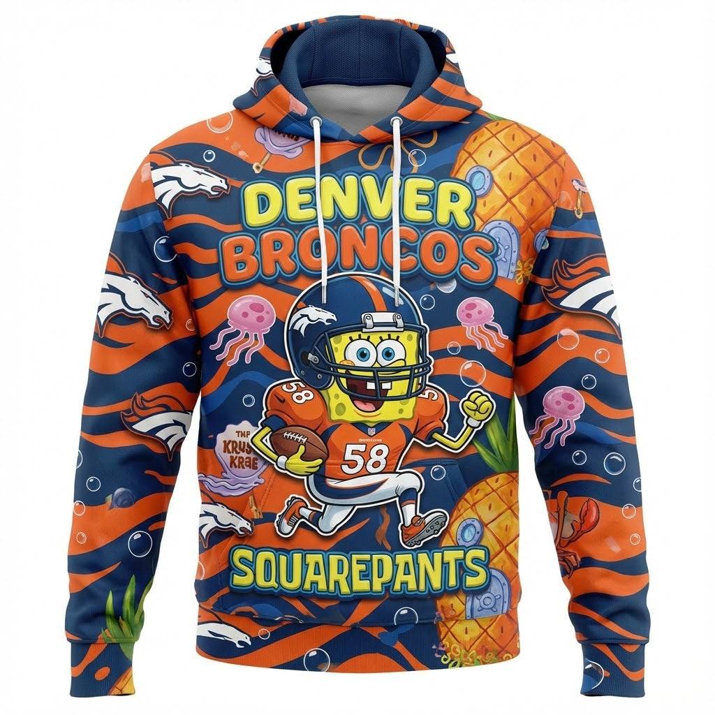 Denver Broncos Spongebob Hoodie - 3D All Over Print Cartoon Graphic Sweatshirt - LeagueLockerGear