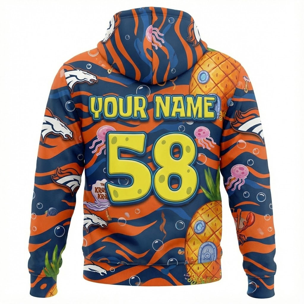 Denver Broncos Spongebob Hoodie - 3D All Over Print Cartoon Graphic Sweatshirt - LeagueLockerGear