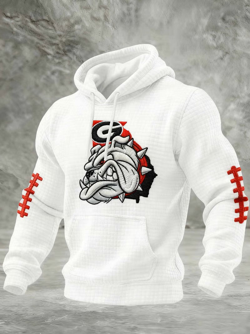 Georgia Bulldogs White Hoodie - Embroidered Mascot with Football Lace Sleeves - LeagueLockerGear