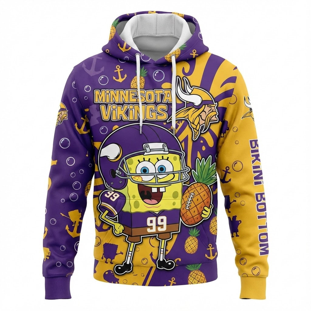 Minnesota Vikings SpongeBob Hoodie - 3D All Over Print Cartoon Crossover NFL Fan Gift - LeagueLockerGear