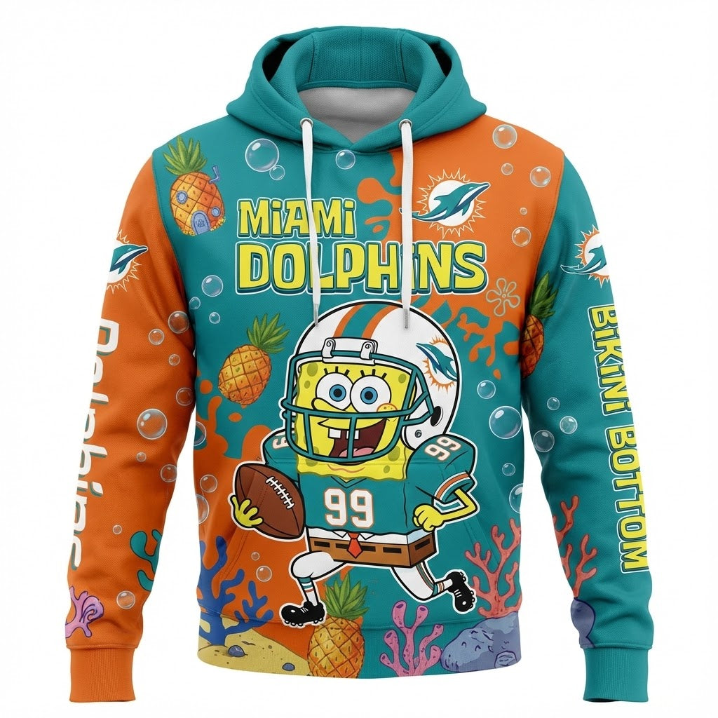 Miami Dolphins SpongeBob Hoodie - 3D All-Over Print Cartoon Crossover NFL Sweatshirt - LeagueLockerGear