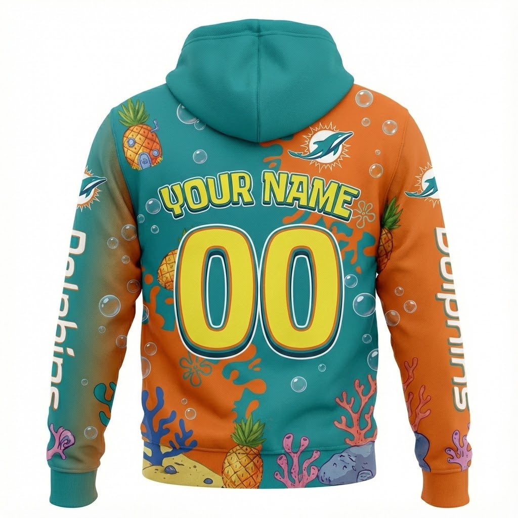 Miami Dolphins SpongeBob Hoodie - 3D All-Over Print Cartoon Crossover NFL Sweatshirt - LeagueLockerGear