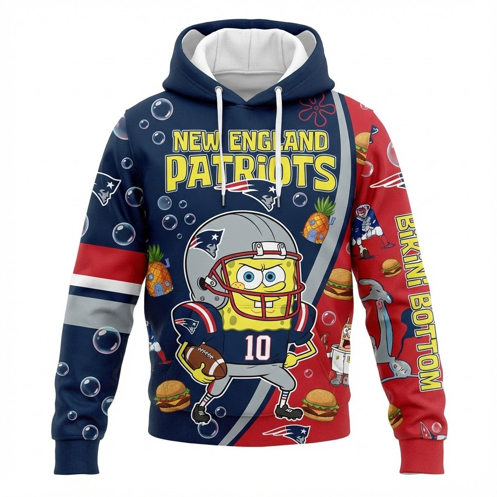 New England Patriots SpongeBob Hoodie - 3D All-Over Print NFL Cartoon Crossover Fan Gift - LeagueLockerGear