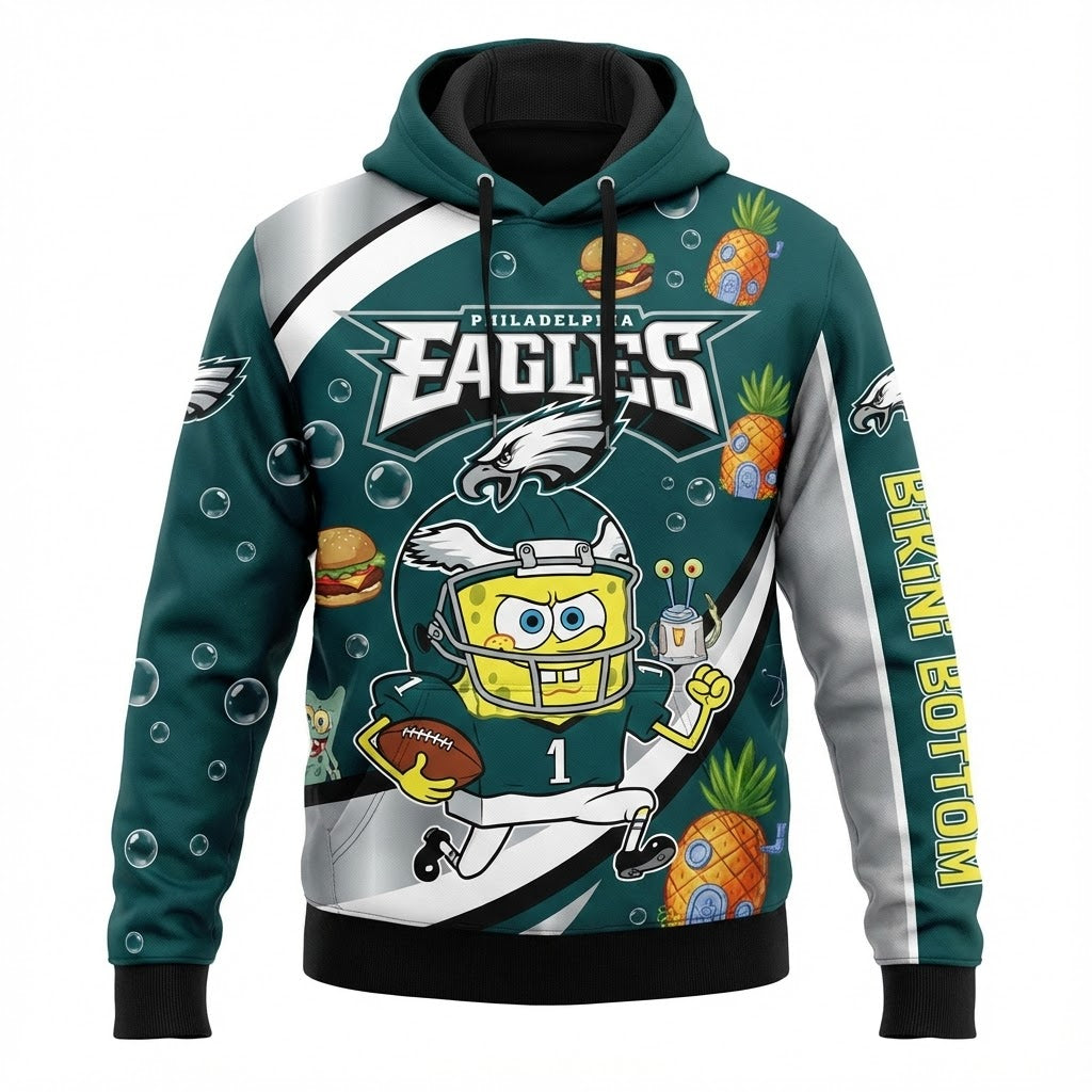 Philadelphia Eagles Spongebob Hoodie - 3D All Over Print Cartoon Crossover NFL Fan Apparel - LeagueLockerGear