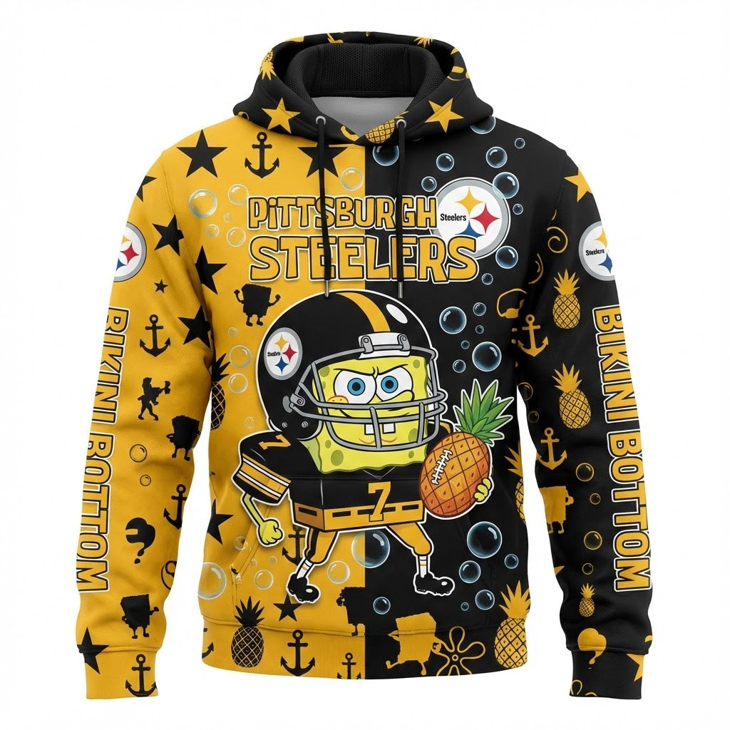 Pittsburgh Steelers SpongeBob Hoodie - 3D All Over Print Cartoon Football Fan Gift - LeagueLockerGear