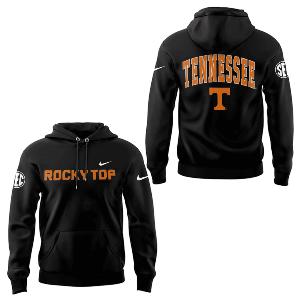Tennessee Volunteers Rocky Top Hoodie - Black Nike Pullover Sweatshirt with SEC Logo and Bold Athletic Block Lettering - LeagueLockerGear