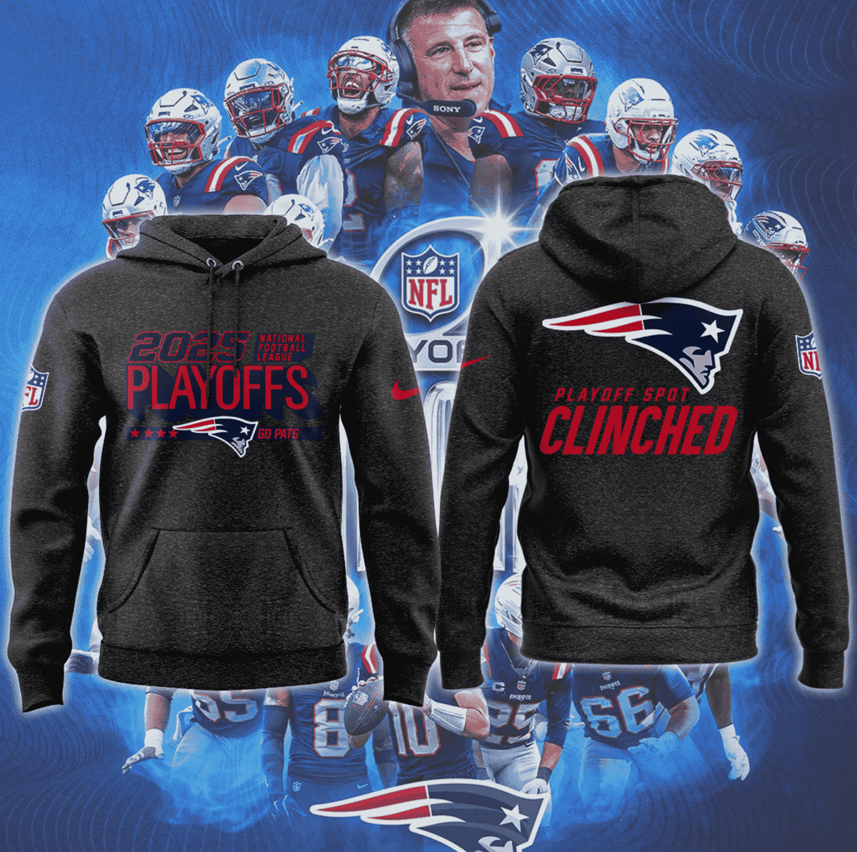 New England Patriots 2025 Playoffs Hoodie - NFL Playoff Spot Clinched Commemorative Charcoal Heather Sweatshirt - LeagueLockerGear