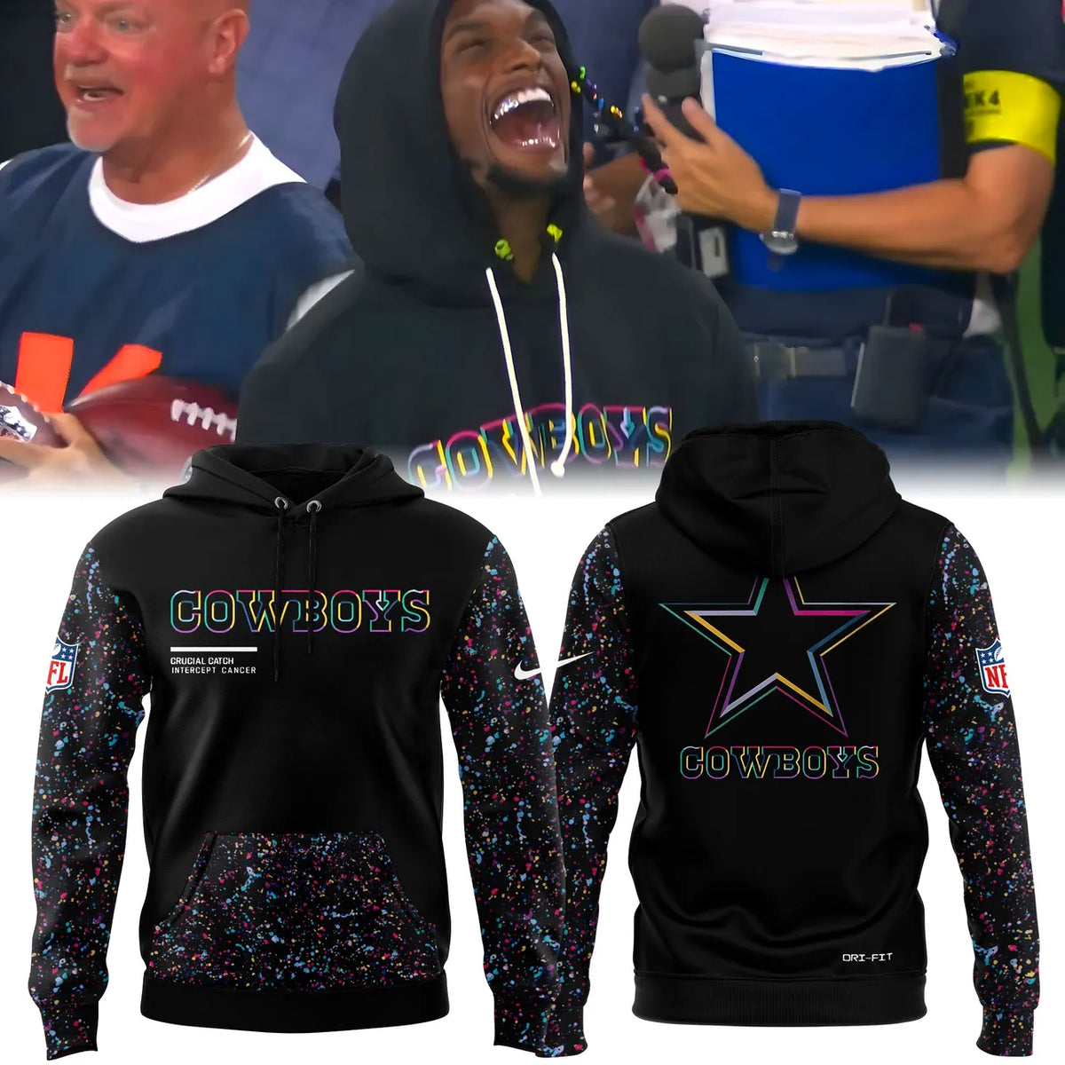 Dallas Cowboys Crucial Catch Hoodie - NFL Intercept Cancer Paint Splatter Pullover - LeagueLockerGear