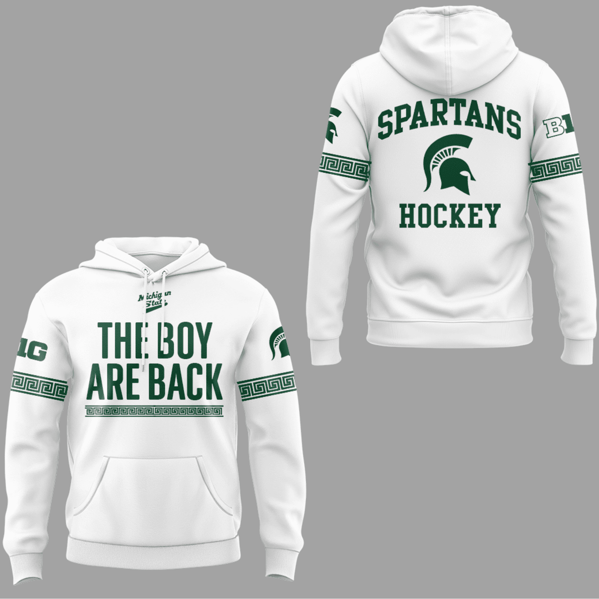 Michigan State Spartans Hockey Hoodie - The Boys Are Back Slogan with Greek Key Pattern Design - LeagueLockerGear