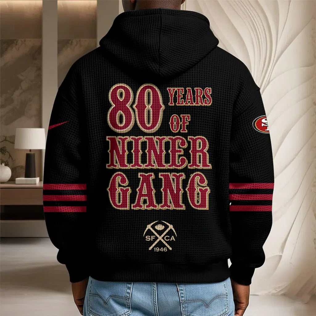 San Francisco 49ers Niner Gang Hoodie - 80 Years Anniversary Waffle Knit Zip Sweatshirt - LeagueLockerGear