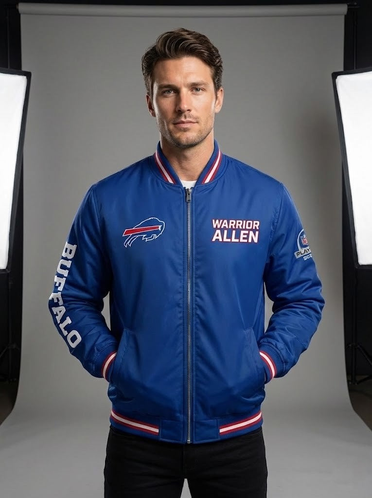 Buffalo Bills Josh Allen Bomber Jacket - Men's Warrior Tribute Bomber Jacket - LeagueLockerGear