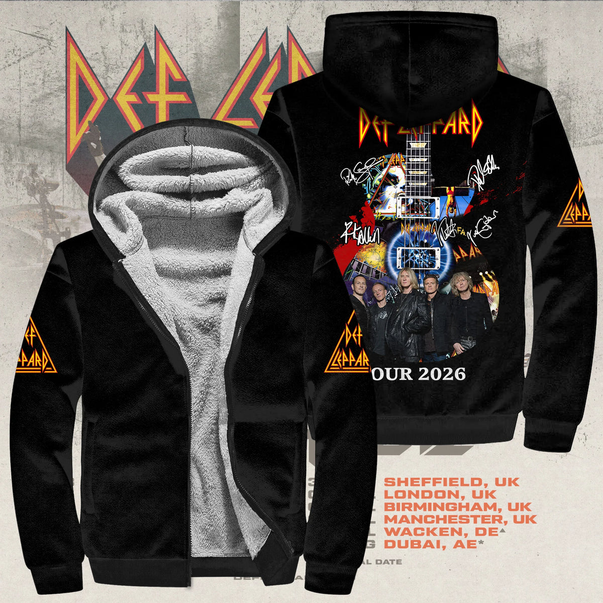 Def Leppard Tour 2026 Fleece Hoodie - 3D Graphic Rock Band Zip Up Sweatshirt - LeagueLockerGear