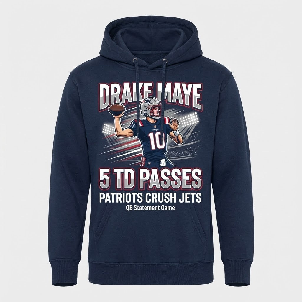 Drake Maye 5 TD Passes New England Patriots Hoodie - LeagueLockerGear