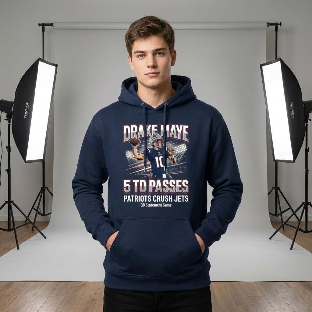 Drake Maye 5 TD Passes New England Patriots Hoodie - LeagueLockerGear