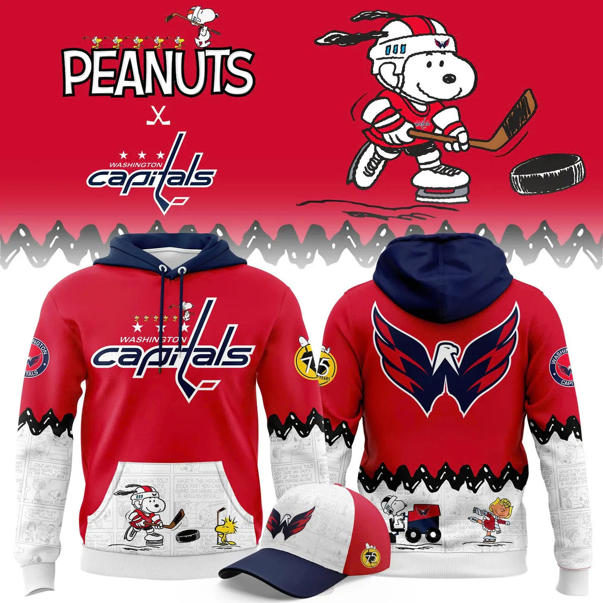 Washington Capitals Peanuts Hoodie - Snoopy Hockey 3D Apparel - LeagueLockerGear