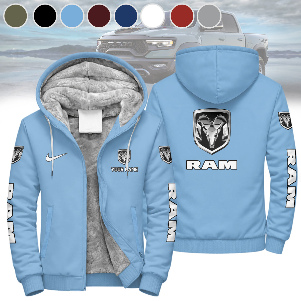 RAM Trucks Personalized Custom Name Fleece Hoodie Jacket - LeagueLockerGear