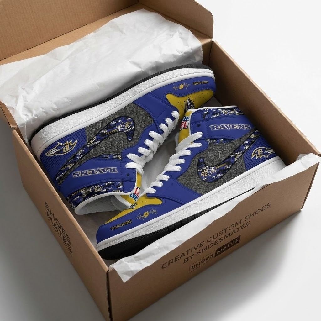 Baltimore Ravens Personalized Name Heartbeat High Top Shoes - LeagueLockerGear