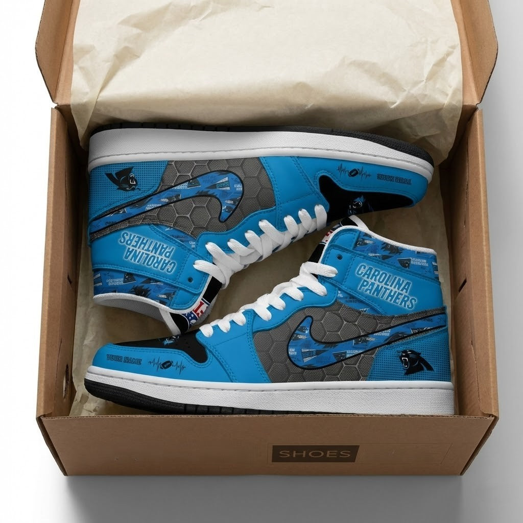 Carolina Panthers Personalized Name Heartbeat Air Jordan 1 - LeagueLockerGear