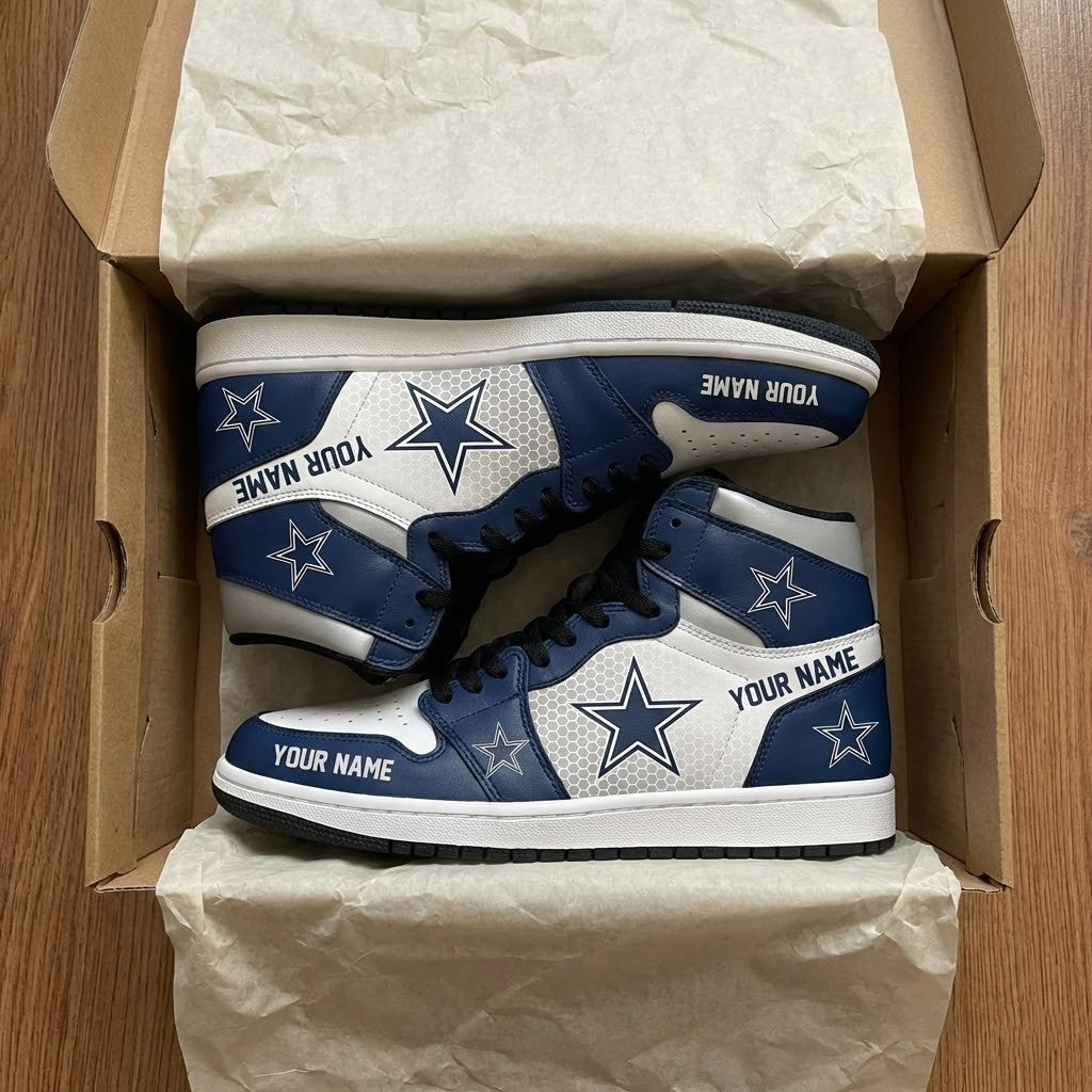 Dallas Cowboys Personalized Name Heartbeat Jordan 1 High Shoes - LeagueLockerGear