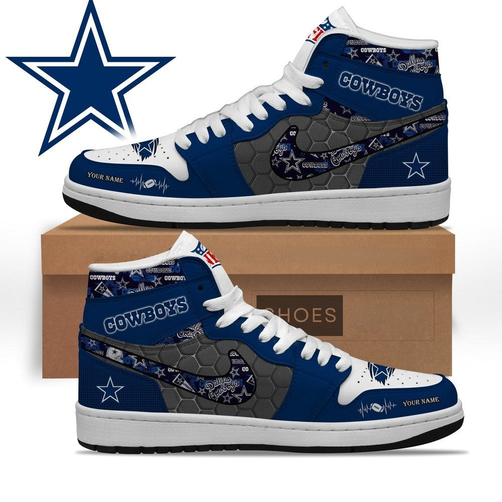 Dallas Cowboys Personalized Name Heartbeat Jordan 1 High Shoes - LeagueLockerGear