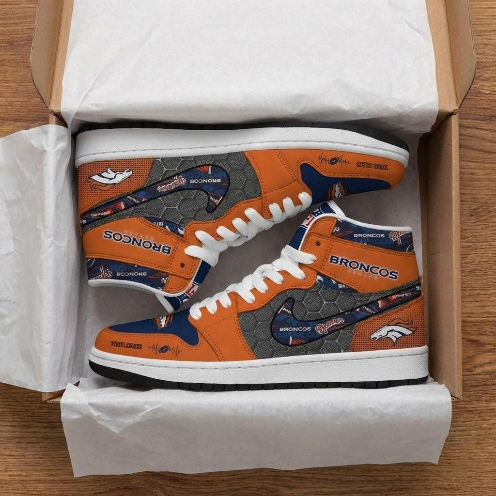 Denver Broncos Personalized Name Heartbeat High Top Shoes - LeagueLockerGear
