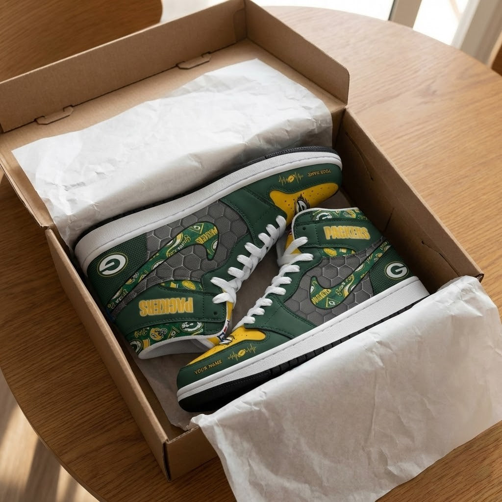 Green Bay Packers Personalized Name Heartbeat High Top Shoes - LeagueLockerGear