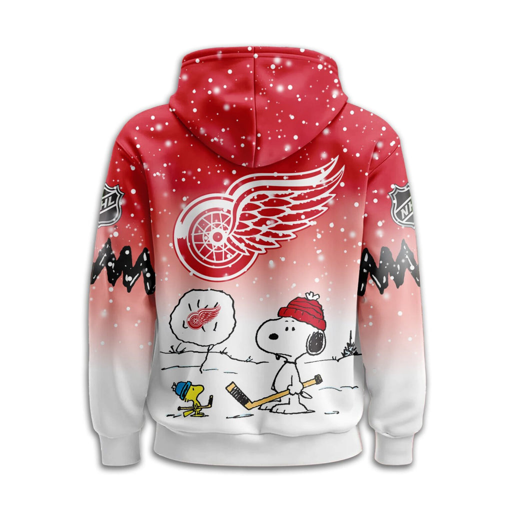 Detroit Red Wings Snoopy Peanuts Charlie Brown Winter Hockey 3D Hoodie - LeagueLockerGear