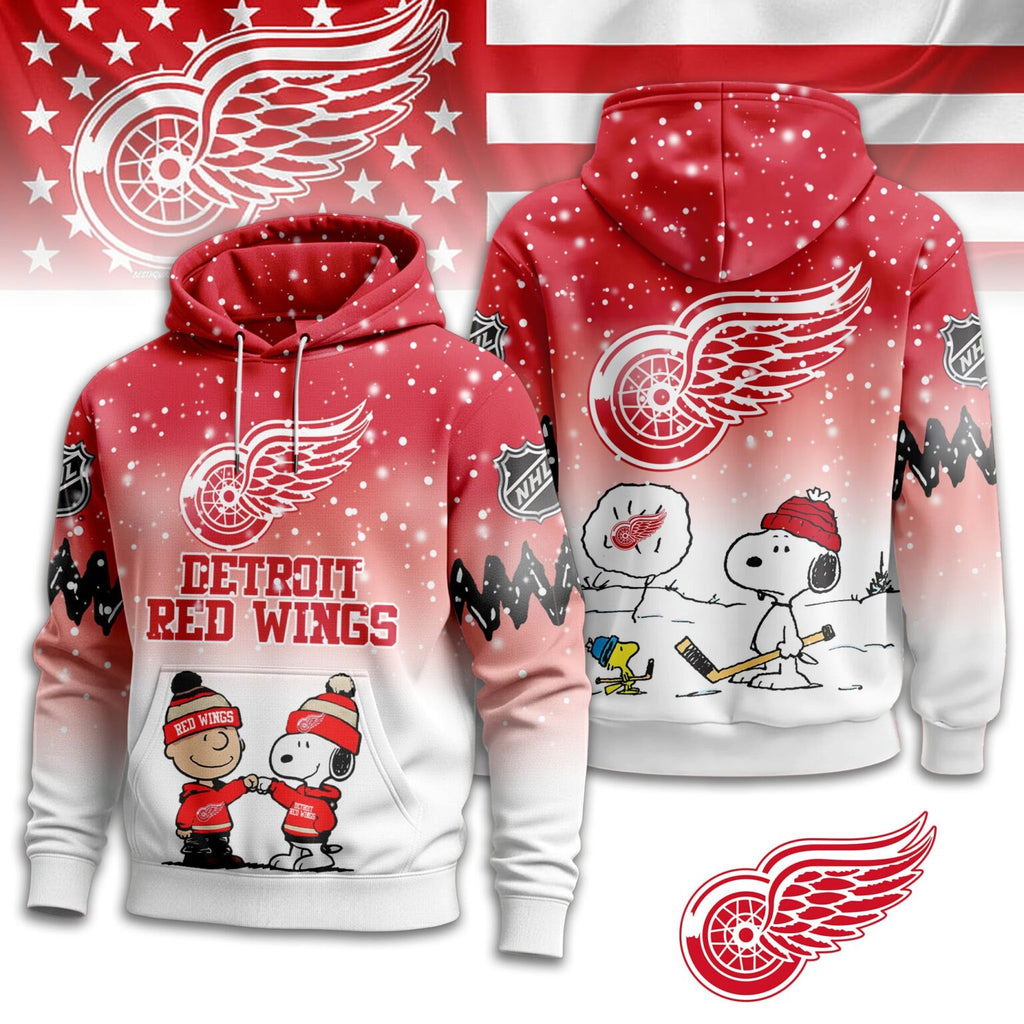 Detroit Red Wings Snoopy Peanuts Charlie Brown Winter Hockey 3D Hoodie - LeagueLockerGear
