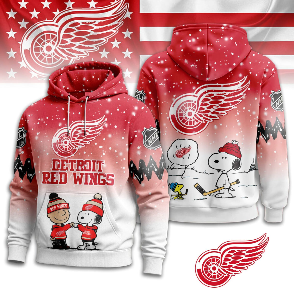 Detroit Red Wings Snoopy Peanuts Charlie Brown Winter Hockey 3D Hoodie - LeagueLockerGear