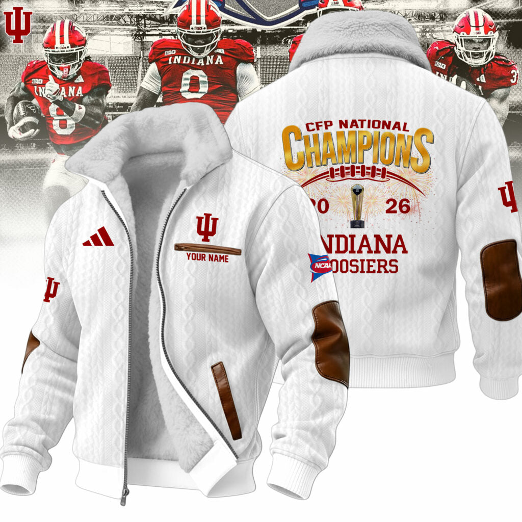 Indiana Hoosiers CFP National Champions 2026 Custom Name Fleece Bomber Jacket - LeagueLockerGear