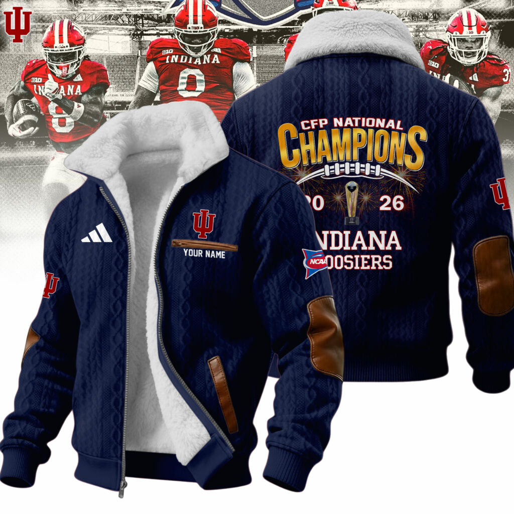 Indiana Hoosiers CFP National Champions 2026 Custom Name Fleece Bomber Jacket - LeagueLockerGear