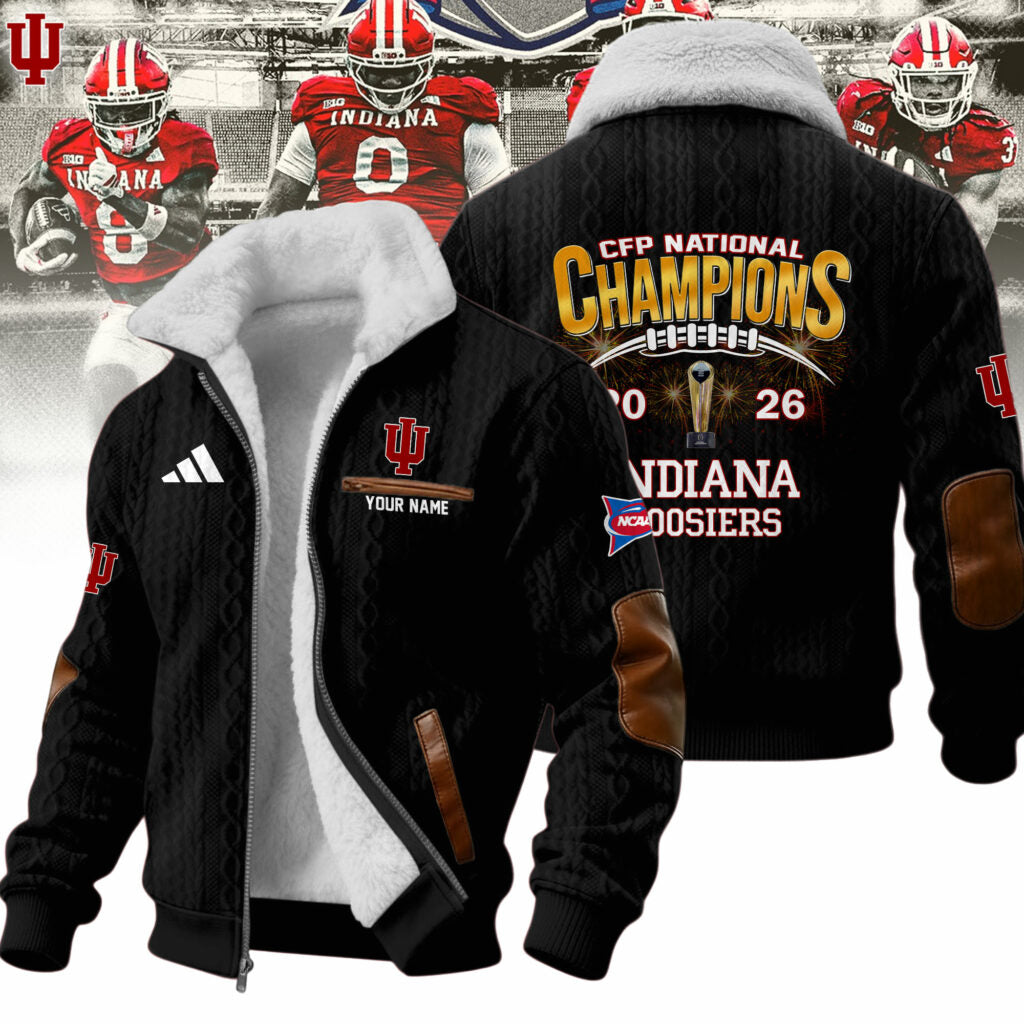 Indiana Hoosiers CFP National Champions 2026 Custom Name Fleece Bomber Jacket - LeagueLockerGear