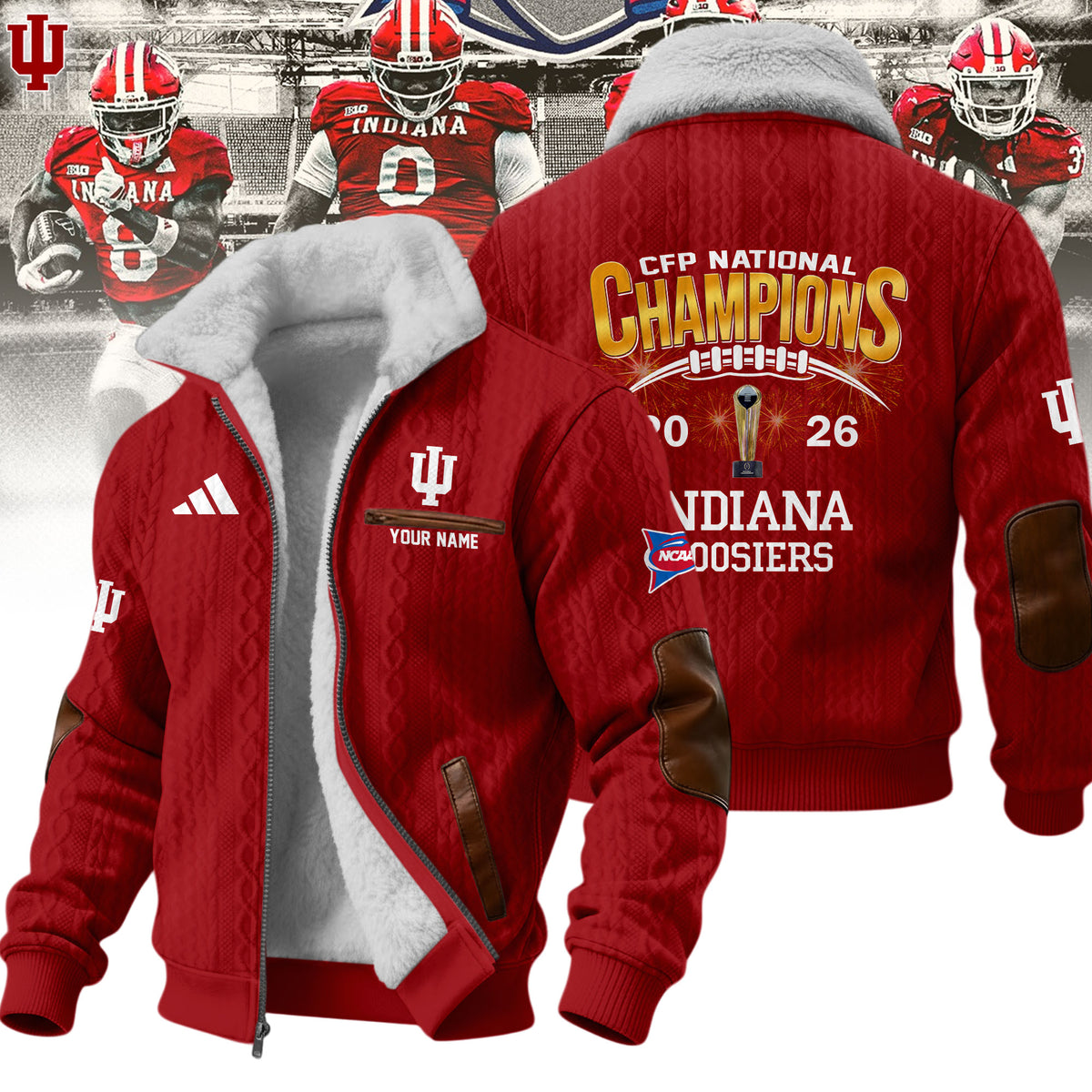Indiana Hoosiers CFP National Champions 2026 Custom Name Fleece Bomber Jacket - LeagueLockerGear