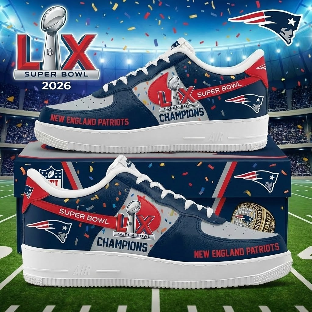 New England Patriots Super Bowl LX 2026 Champions Air Force 1 Shoes - LeagueLockerGear