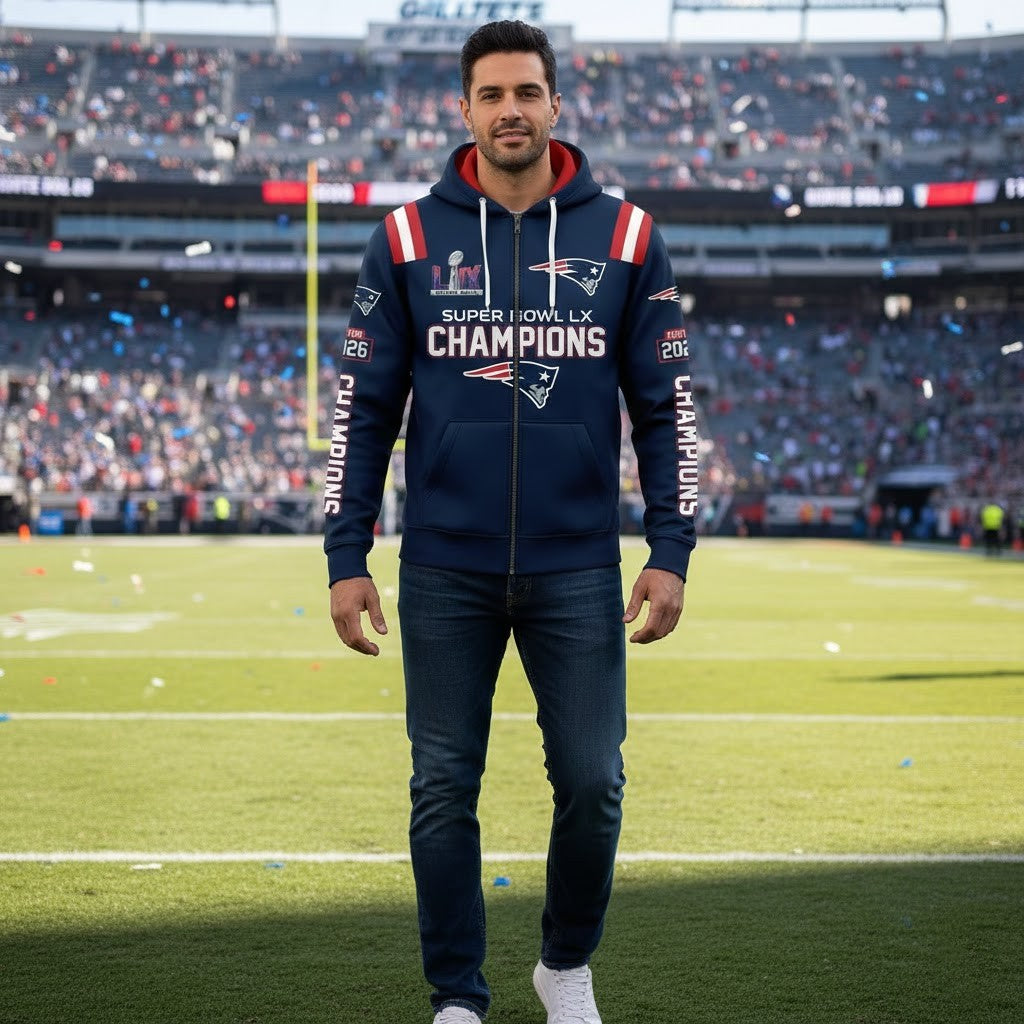 New England Patriots Super Bowl LX Champions Zip Hoodie - LeagueLockerGear