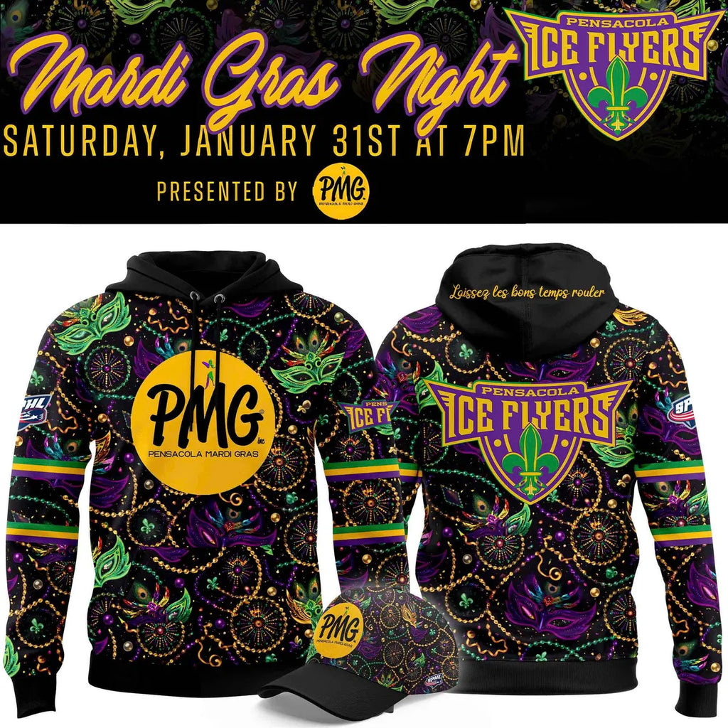 Pensacola Ice Flyers Mardi Gras Night 3D Hoodie - LeagueLockerGear