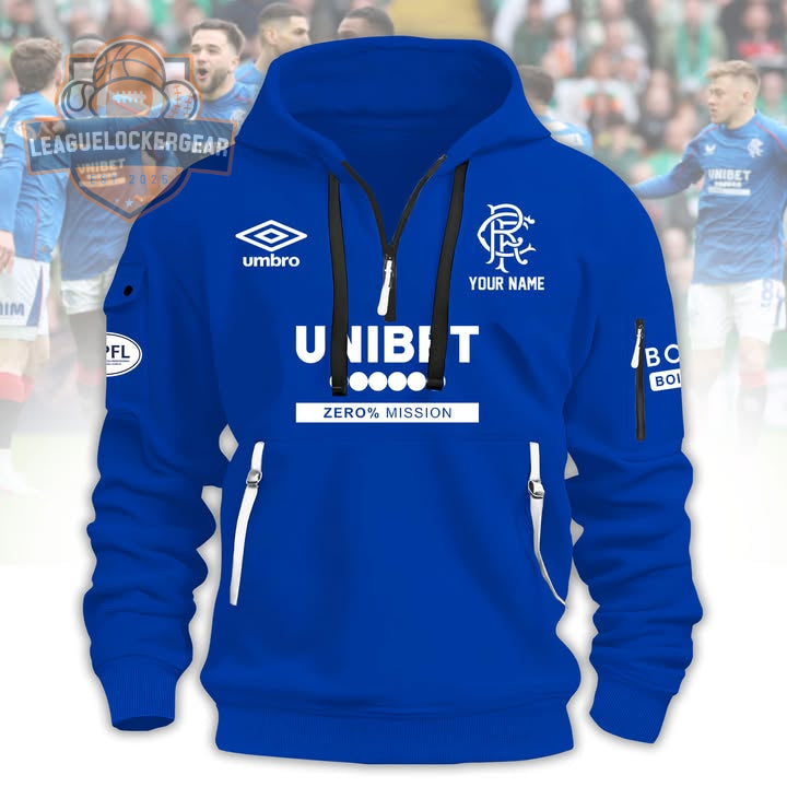 Rangers FC Unibet Zero Mission Personalized 1/4 Zip Hoodie - LeagueLockerGear
