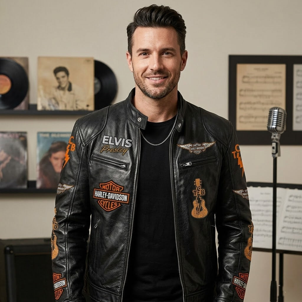 Elvis Presley The King of Rock 'n' Roll Harley-Davidson TCB Motorcycle Leather Jacket - LeagueLockerGear