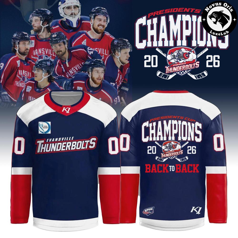Evansville Thunderbolts 2026 Presidents Cup Champions Back-to-Back Hockey Jersey - NovusOris Best Merch For Fans