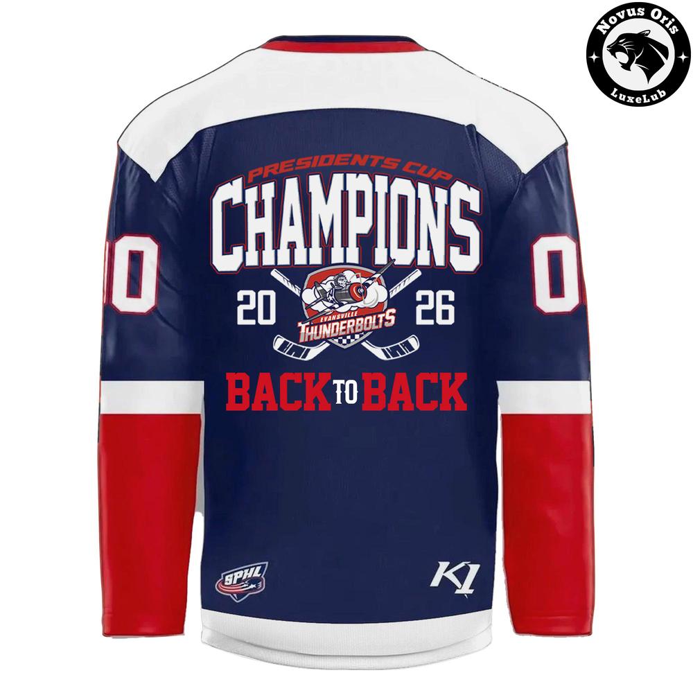 Evansville Thunderbolts 2026 Presidents Cup Champions Back-to-Back Hockey Jersey - NovusOris Best Merch For Fans