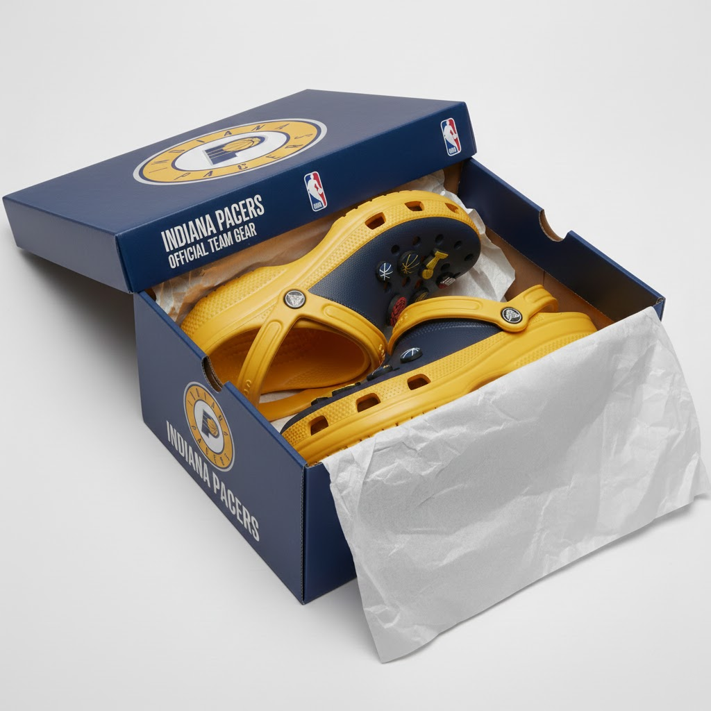 Indiana Pacers NBA Crocs Clogs – Navy Blue Gold "Boom Baby" Fan Footwear - LeagueLockerGear