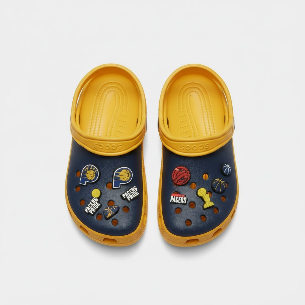 Indiana Pacers NBA Crocs Clogs – Navy Blue Gold "Boom Baby" Fan Footwear - LeagueLockerGear