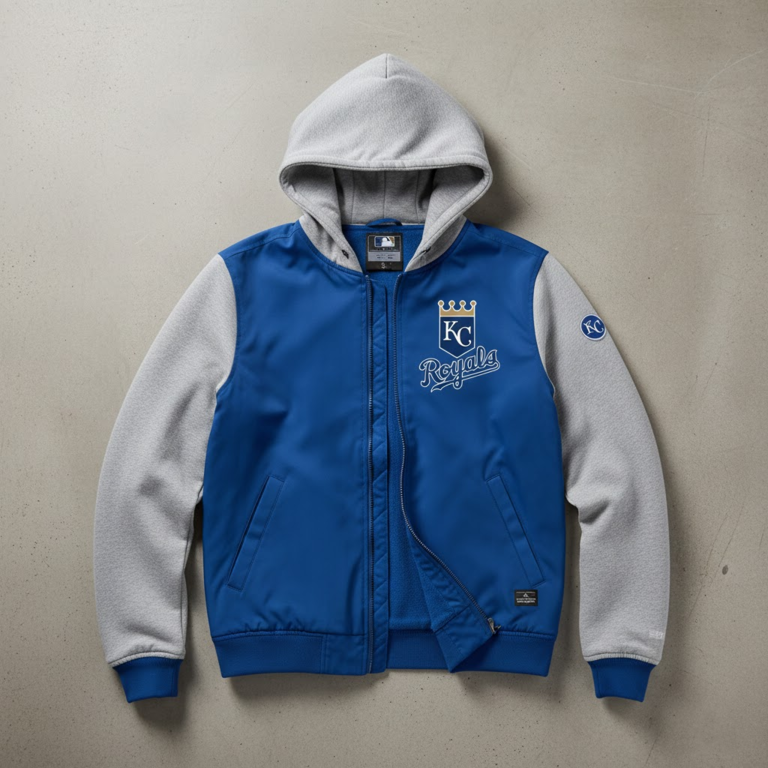 Kansas City Royals Bomber Hoodie Jacket - Royal Blue Crown Logo - LeagueLockerGear
