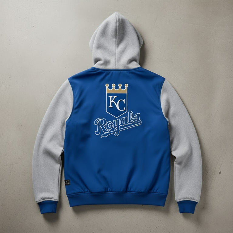 Kansas City Royals Bomber Hoodie Jacket - Royal Blue Crown Logo - LeagueLockerGear