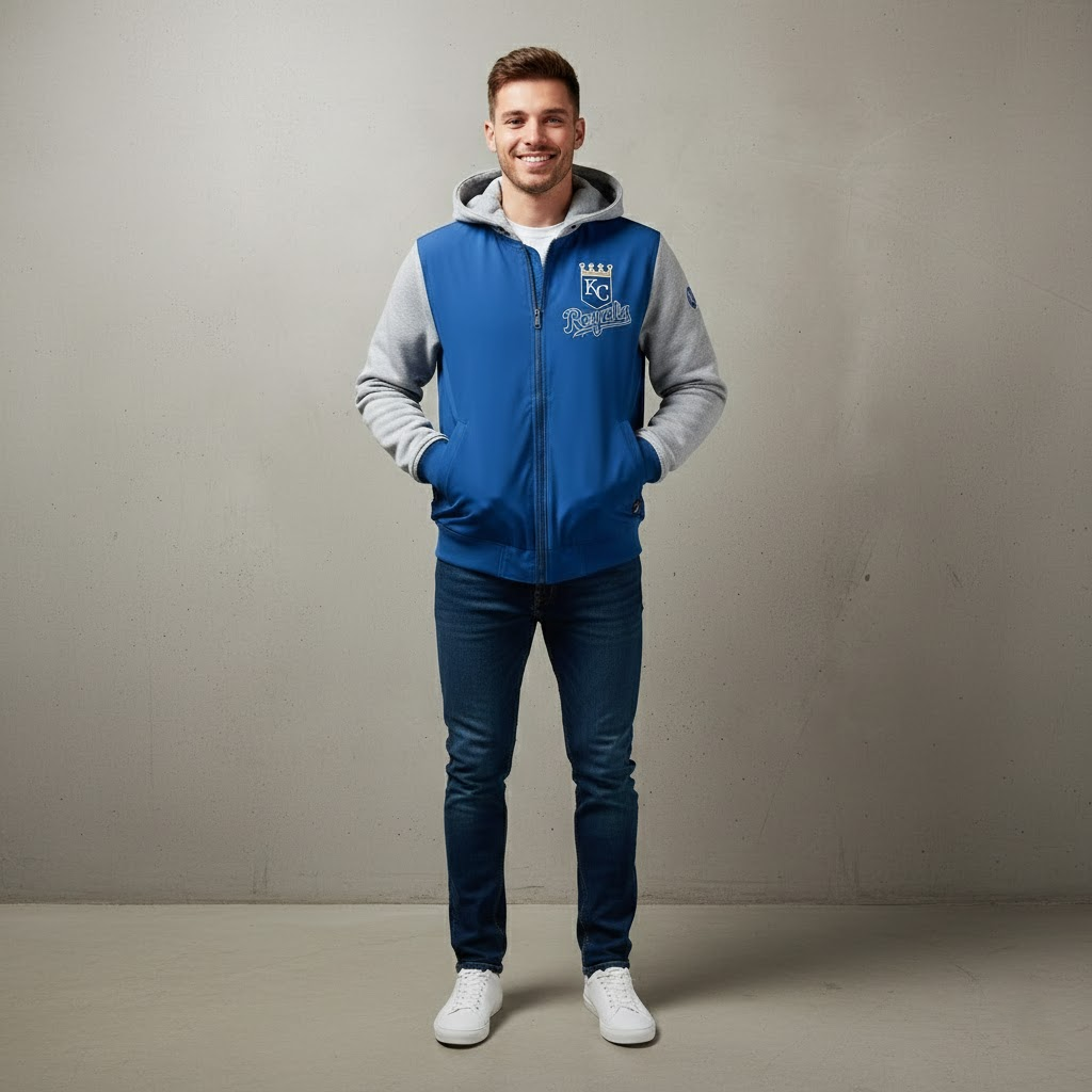 Kansas City Royals Bomber Hoodie Jacket - Royal Blue Crown Logo - LeagueLockerGear