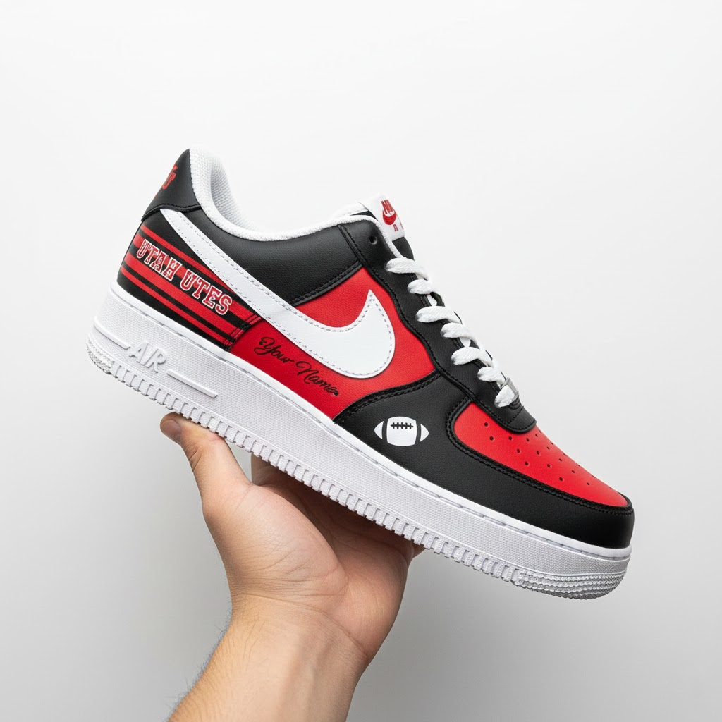 Utah Utes "Throwback Black" Custom Air Force 1 Sneakers – Red & White Accents - LeagueLockerGear